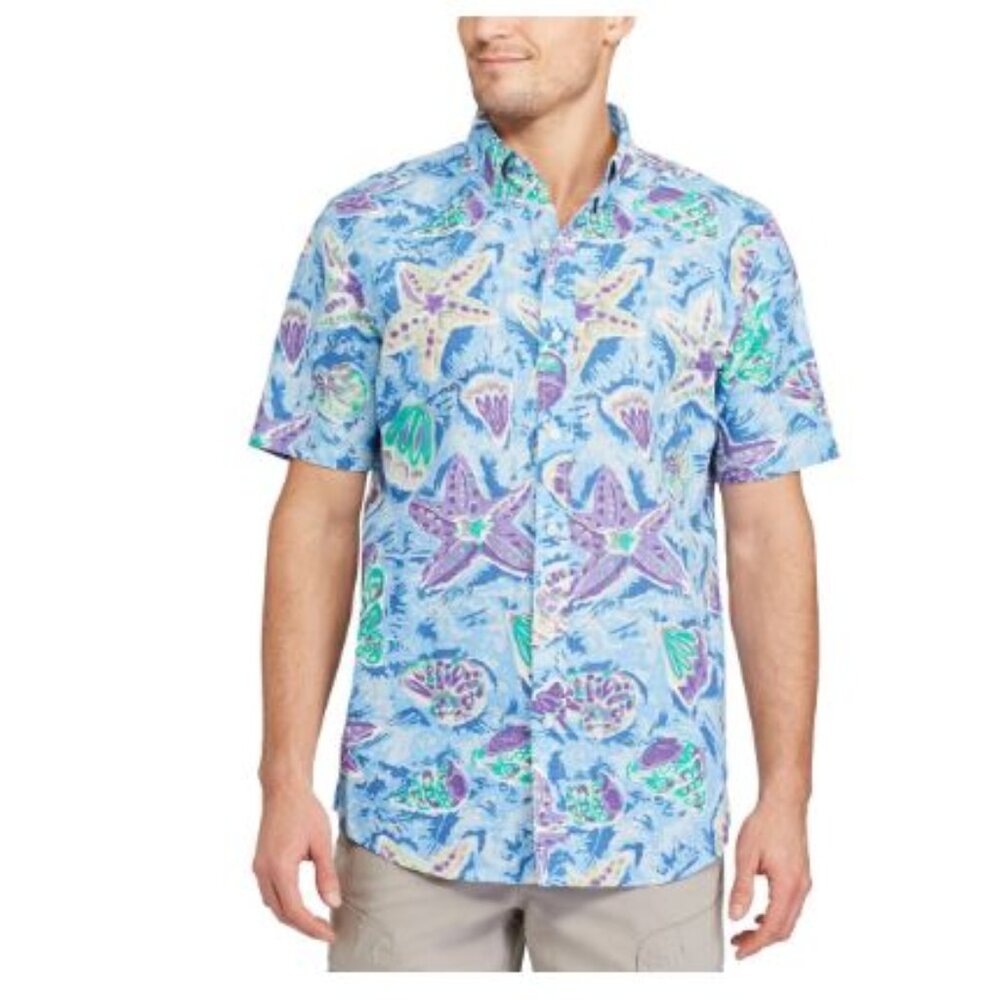Chaps Men's Large Hawaiian Star Fish Linen Cotton Blue Shirt
